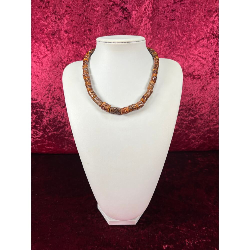 Vintage Costume Jewelry - Beaded Necklace - Carved Wood Tiki Beads - 19.5"